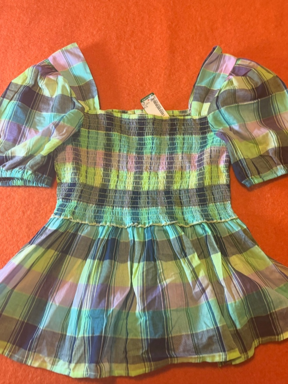 Blue, green and purple boho peasant plaid smocked cotton blouse NWT - Picture 3 of 10